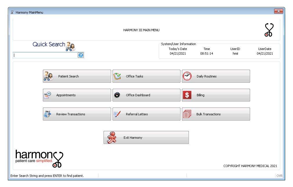 Harmony Practice Management and Billing Software Main Menu